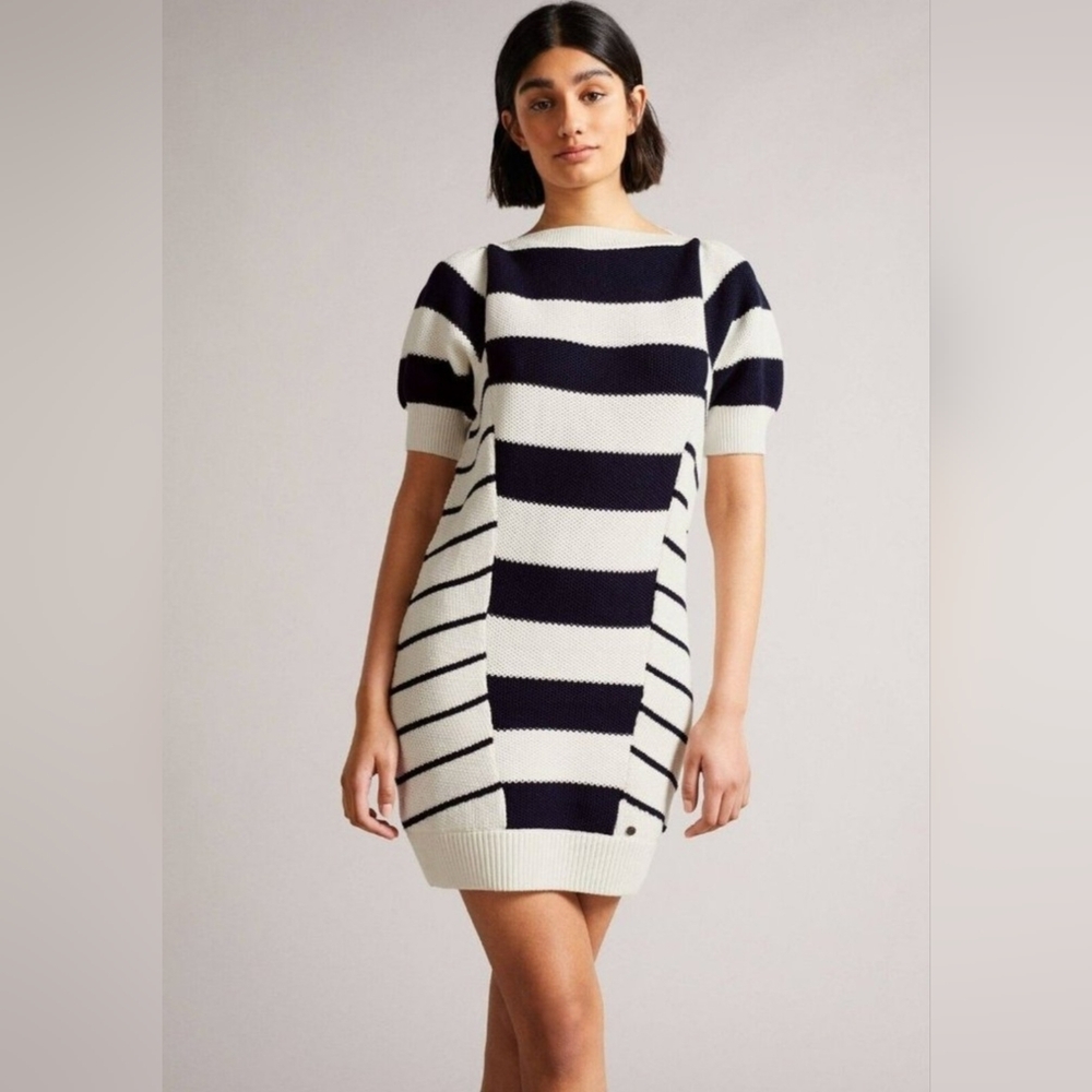 Ted Baker Asuri Knitted Envelope Neck Sweater Mini Dress Black & White Size 4